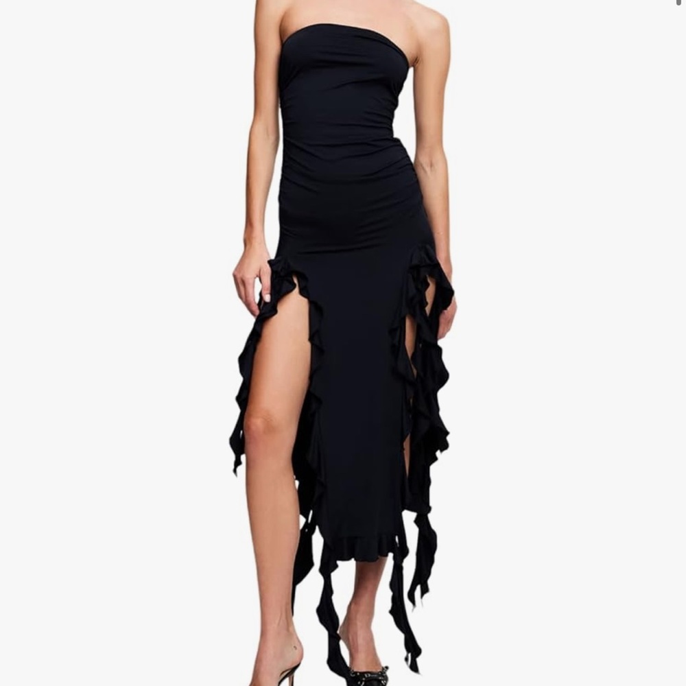 cute black stretchy flowy ruffle tube dress